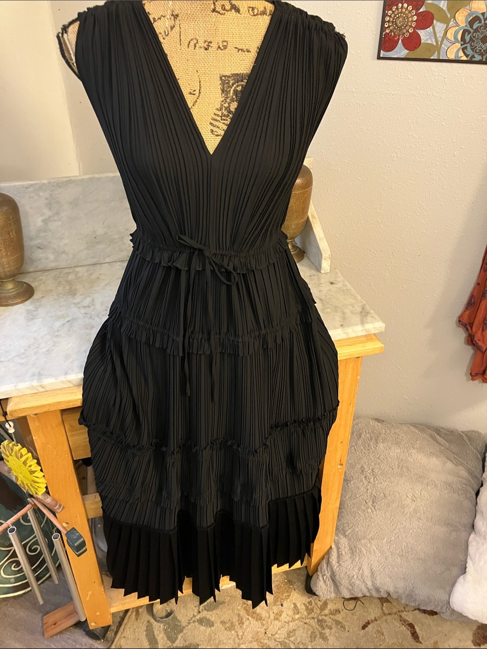 3.1 Phillip Lim Black Pleated V-Neck Tiered Midi Dress